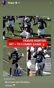 Flau'jae Johnson reacts to Colorado wide receiver Travis Hunter's performance against Oklahoma State on Nov. 29, 2024. (Screenshot of Flau'jae Johnson's Instagram story post.)